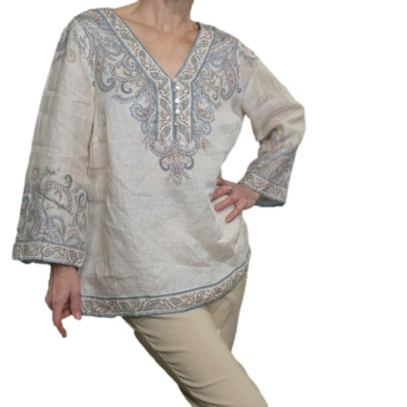 J. Jill Tops - Shirt pullover 100% Linen Paisley BOHO Cream color and blues Size S-M J.JILL